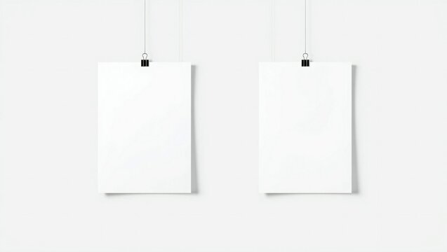 Two blank white paper posters hanging from clips for display and presentation