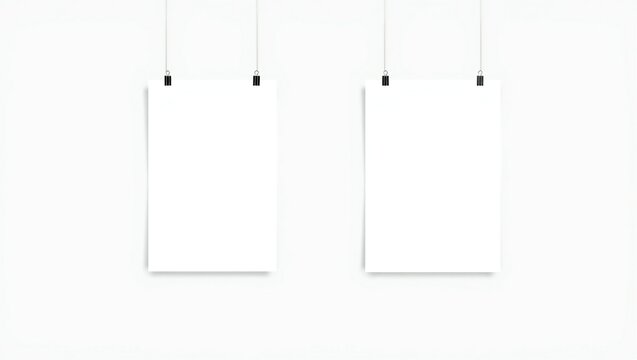 Two blank vertical paper posters hanging on clips
