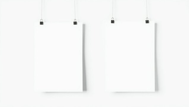 Two blank white paper posters hanging with black binder clips