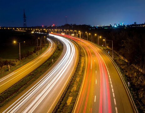Long exposure photography of a busy highway at night with glowing red and white light trails. Ideal for urban mobility, logistics, and transportation concepts.