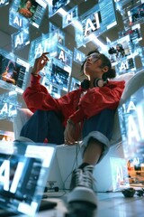 Fototapeta na wymiar Person feeling overwhelmed by artificial intelligence data and multiple screens. Young woman immersed in ai technology