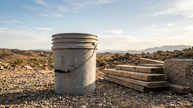 A dirty grey 5 gallon pail sitting outdoors on rocky desert ground with wooden planks and cinder blocks