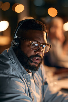 customer service specialist working alongside AI agent tools in modern support center, realistic professional stock photo
