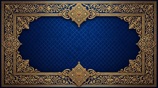 Ornate gold rectangular frame with intricate floral patterns and geometric shapes on a deep blue textured background, with a central, empty space area