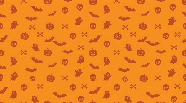 Seamless pattern background, with small brown, of ghosts, pumpkins, skulls, bats, and, bones on a, solid orange color surface