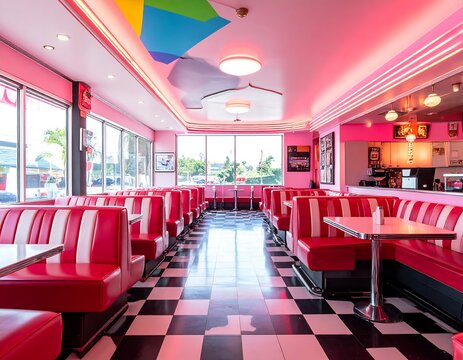 A retro pink and black diner interior featuring checkered flooring, red leather booths, and glowing neon lights. Ideal for nostalgic food and hospitality concepts.