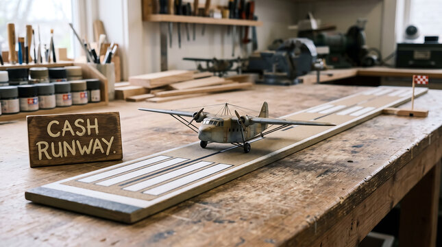 Toy airplane on a runway with a cash runway sign