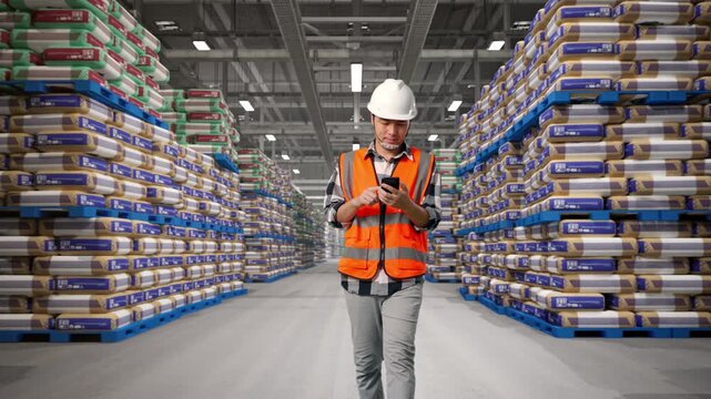 Front View of Asian Male Engineer Use Smartphone While Walking at Warehouse Stacked Cement Bags Pallets