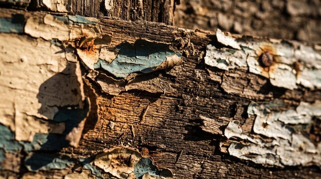 Weathered wooden plank featuring peeling blue paint with rusty metal nails in warm golden sunlight