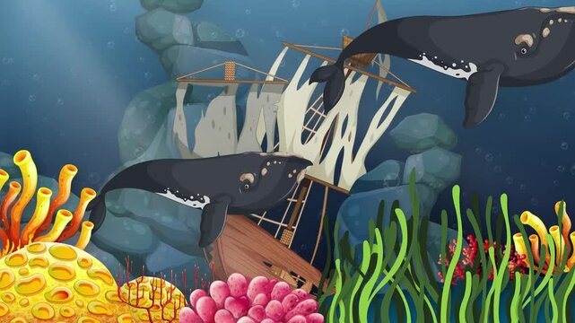 Cartoon Whales Swimming Underwater Past Sunken Shipwreck Animation
