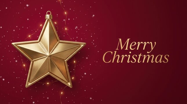 Golden star ornament with fairy lights and falling snow for Christmas greetings
