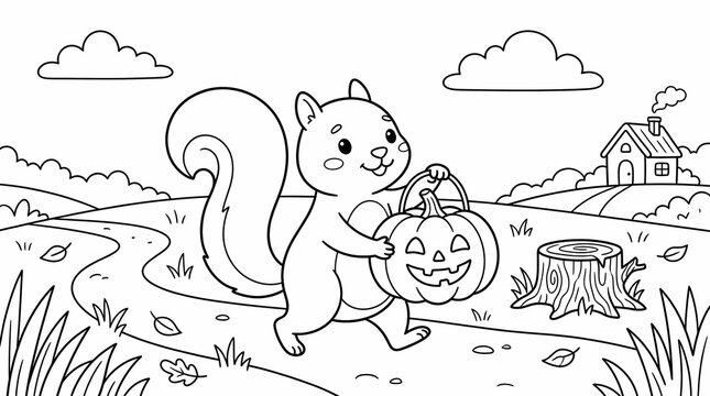 Cute cartoon squirrel carrying a Halloween pumpkin bucket along a countryside path, coloring book illustration for children.
