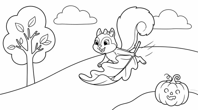 Cute squirrel sliding on a leaf sled down an autumn hill near a pumpkin for a coloring page.