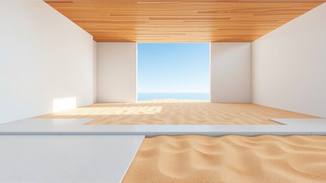 Minimalist interior. Sand covers floor, extending toward ocean view through large opening. Light wood ceiling contrasts white walls. Peaceful scene.