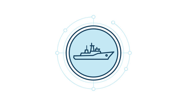 Dark blue outline of a military navy ship enclosed in a light blue circle with outer connected technical nodes.