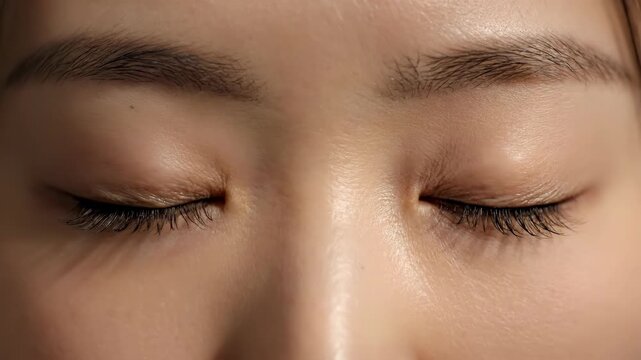 Close-up of human eyes. Closed lids show details of lashes and eyebrows. Subtle light and skin texture