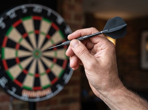 Close-up of a person's hand holding and aiming a black dart towards a dartboard, representing target, precision, focus, strategy, and achieving goals.