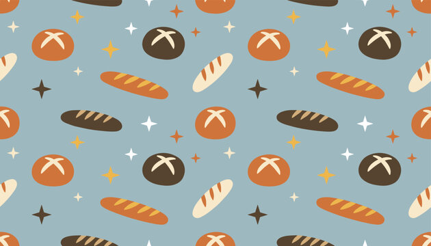 Delicious bakery seamless pattern with golden baguettes, round buns, and decorative stars on a blue background.
