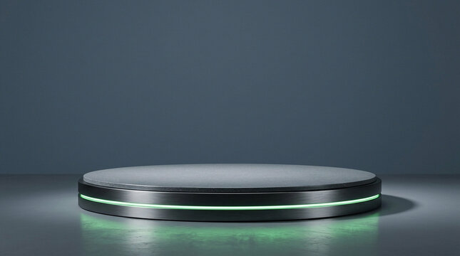 A futuristic, circular display podium with glowing green accents sits on a reflective surface, casting subtle shadows against a dark, minimalist background.