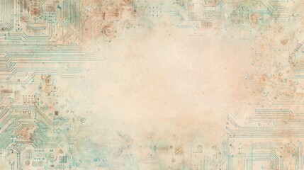Obraz premium vintage watercolor technology background, subtle hand painted circuit patterns, delicate copper traces, tiny electronic components and technical