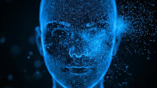 A detailed close-up reveals a digital human face made of blue glowing dots. Dark background
