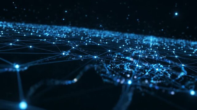 A glowing network of interconnected nodes and lines, bathed in ethereal blue light, creating a futuristic digital atmosphere