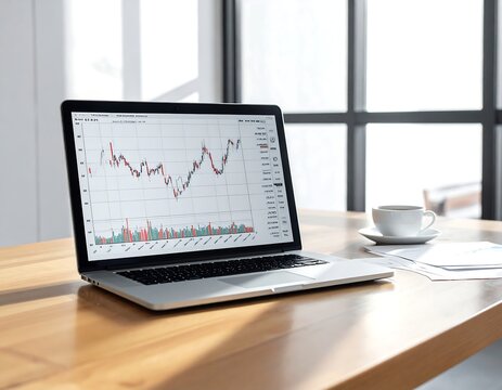A laptop computer displaying financial stock market charts on screen sitting on a wooden table. Perfect for business analytics and investment concepts.