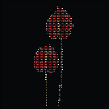Red Twin Flower Cross Stitch Embroidery Vector Illustration