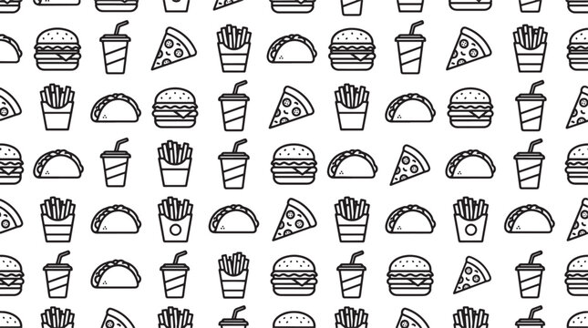 Fast food seamless pattern with line art icons of burgers, french fries, tacos, pizza, and soda cups vector illustration background