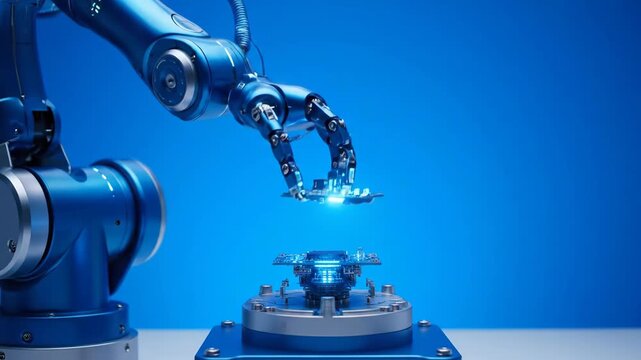 A blue robotic arm precisely manipulates a circuit board, bathed in glowing light,  showcasing automation and technology against a bright blue backdrop