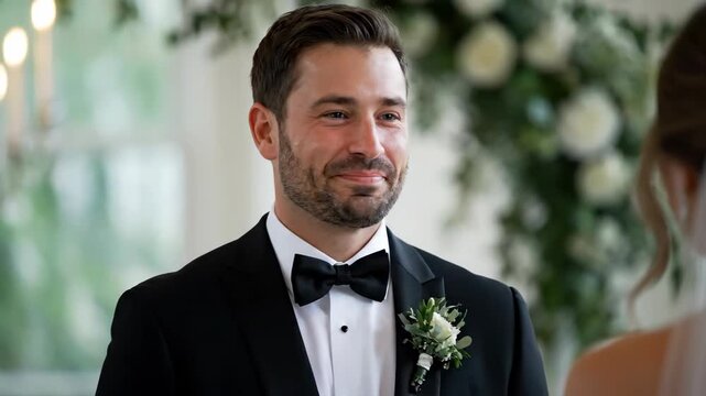 A smiling man in a black tuxedo looks on at a wedding, with his beard and bow tie visible