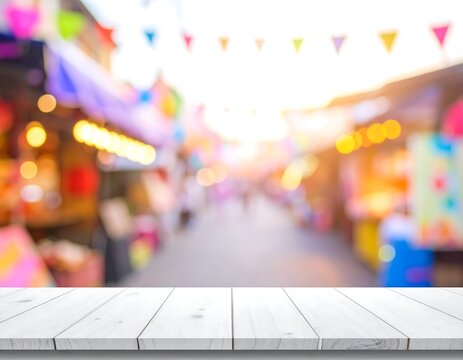 Empty white wooden table top over blurred street fair background with festive colorful bunting flags. Ideal for product display and promotional mockup concepts.