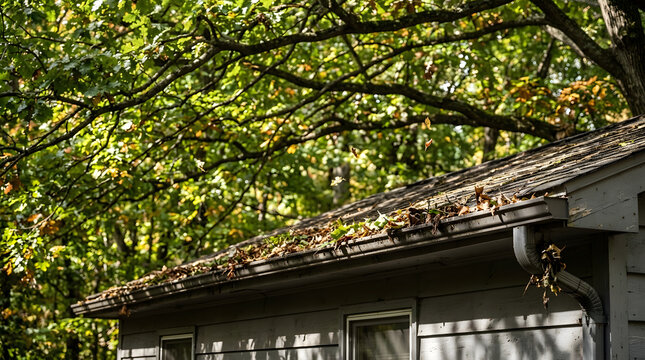 Clogged house gutters filled with autumn leaves and debris requiring maintenance and roof drainage cleaning service in a backyard setting surrounded by lush deciduous trees during the fall season dayl