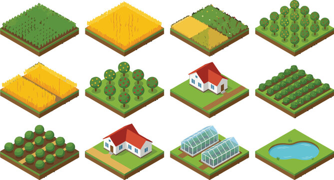 Isometric farm tiles set featuring agricultural land blocks with wheat fields, orchard trees, houses, greenhouses, and pond vector illustration