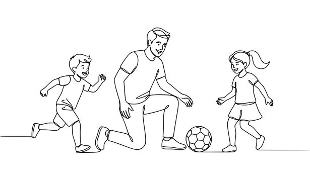 Continuous line drawing of a smiling father on one knee coaching his young son and daughter during outdoor soccer practice