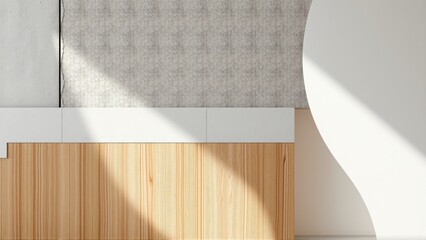 Obraz premium Minimalist interior corner. Light plays upon textureswood, concrete, white surfaces. Clean lines, geometric shapes create modern aesthetic.