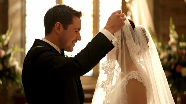 A groom gently lifts a veil over his bride's face, smiling lovingly. The ceremony unfolds in a church setting