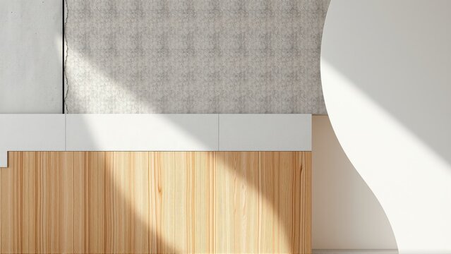 Minimalist interior corner. Light plays upon textureswood, concrete, white surfaces. Clean lines, geometric shapes create modern aesthetic.