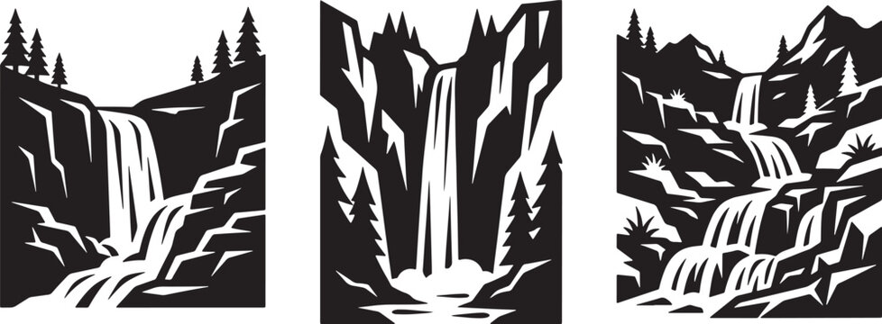 Set of black and white waterfall landscape vector icons featuring mountain streams, pine trees, and cascading water outdoors