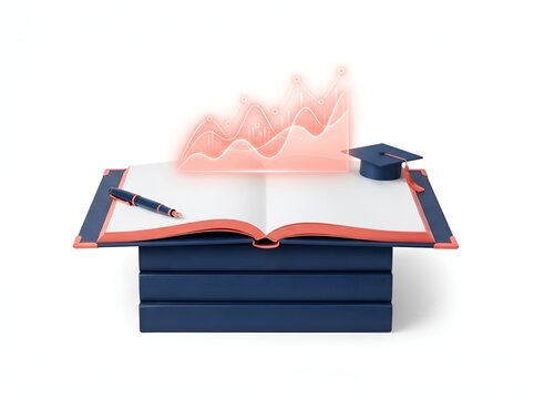 3D Illustration of an Open Book Resting on a Stack of Textbooks with a Graduation Cap and Financial Growth Chart Concept for Academic Success