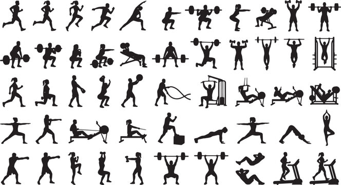 Set of fitness and gym workout silhouettes featuring men and women exercising, weightlifting, running, and doing yoga isolated vector icons.