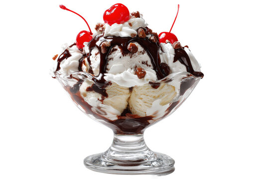 Large chocolate sundae with whipped cream and cherries