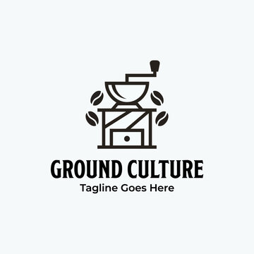 Vintage coffee grinder logo with beans.
