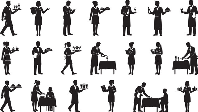 Waiter and waitress silhouette icon set featuring restaurant staff serving food drinks and taking orders vector graphic