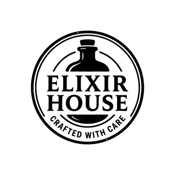 Vintage elixir house logo with bottle and seal.