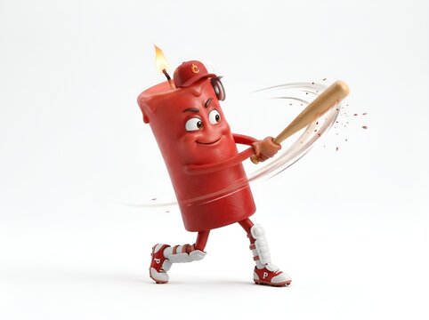 A dynamic 3D animated red wax candle character wearing a baseball uniform and cap playfully swinging a wooden bat with a burning flame on its head