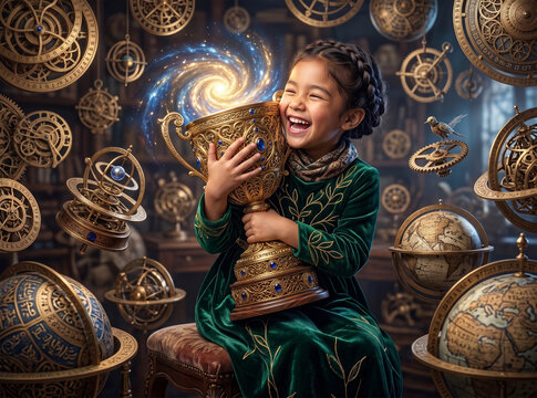 Laughing girl in green velvet dress hugging jeweled trophy surrounded by antique globes, armillary spheres and gears