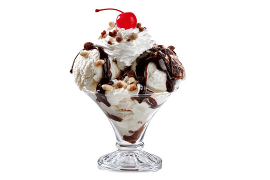 Classic chocolate ice cream sundae with cherry