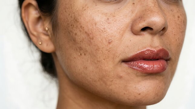 Close up portrait of a woman with visible skin texture hyperpigmentation and acne scars on her cheeks
