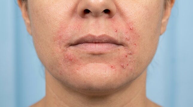 Close up of a man's face showing redness and irritation around the mouth and nose